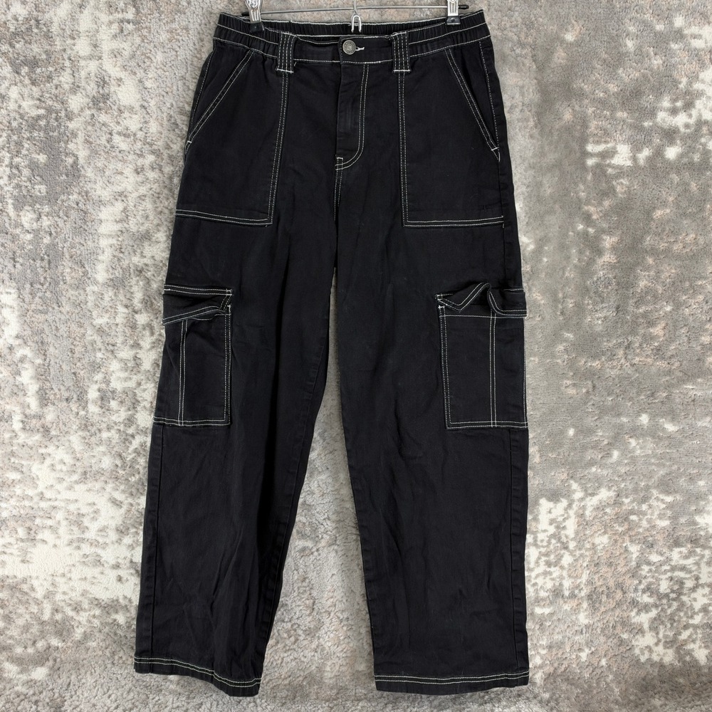 Almost Famous Size L Contrast Stitch Utility Cargo Pants Black Sleeveless Women
